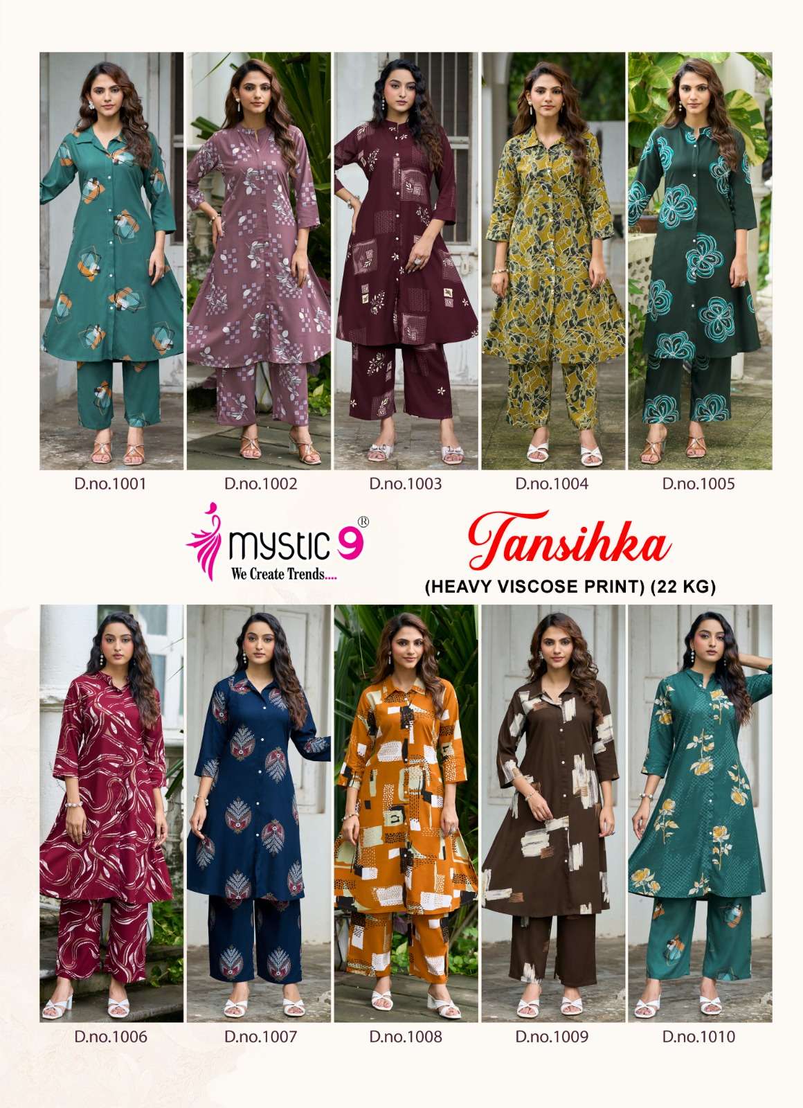 MYSTIC 9 TANISHKA VOL 1 HEAVY VISCOSE PRINT A LINE CUT CORD SET SURAT BRAND WHOLESALER 